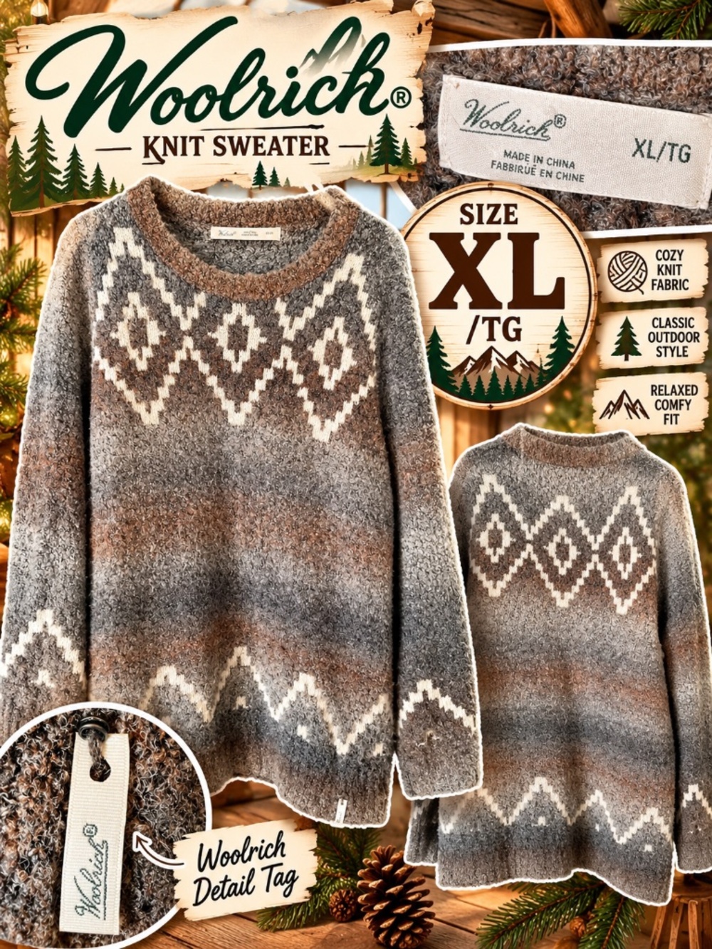 Woolrich Fair Isle Bouclé Tunic Sweater Women’s XL Gray Brown Cozy Knit